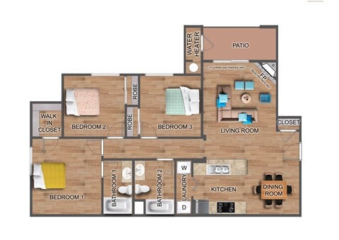 Floor plan for 3 beds, 2 baths, 1234 sqft
